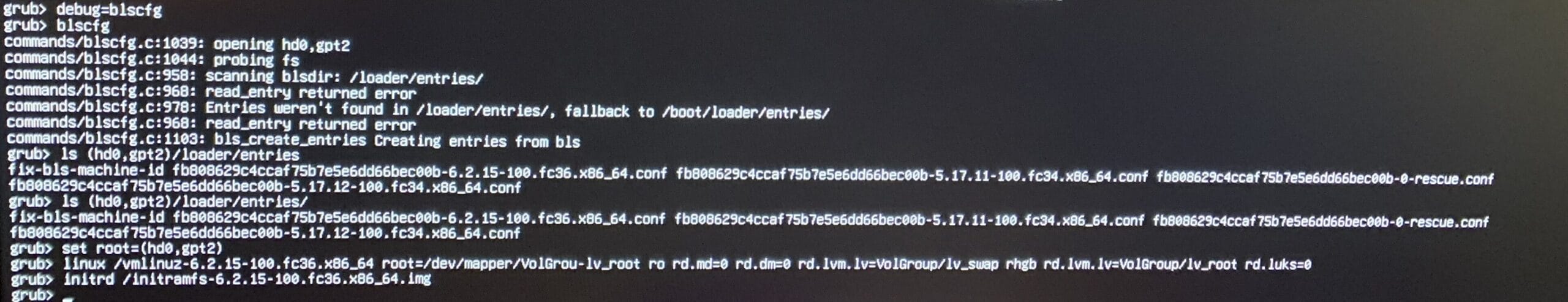 Screenshot showing grub commands and output when debugging blscfg
