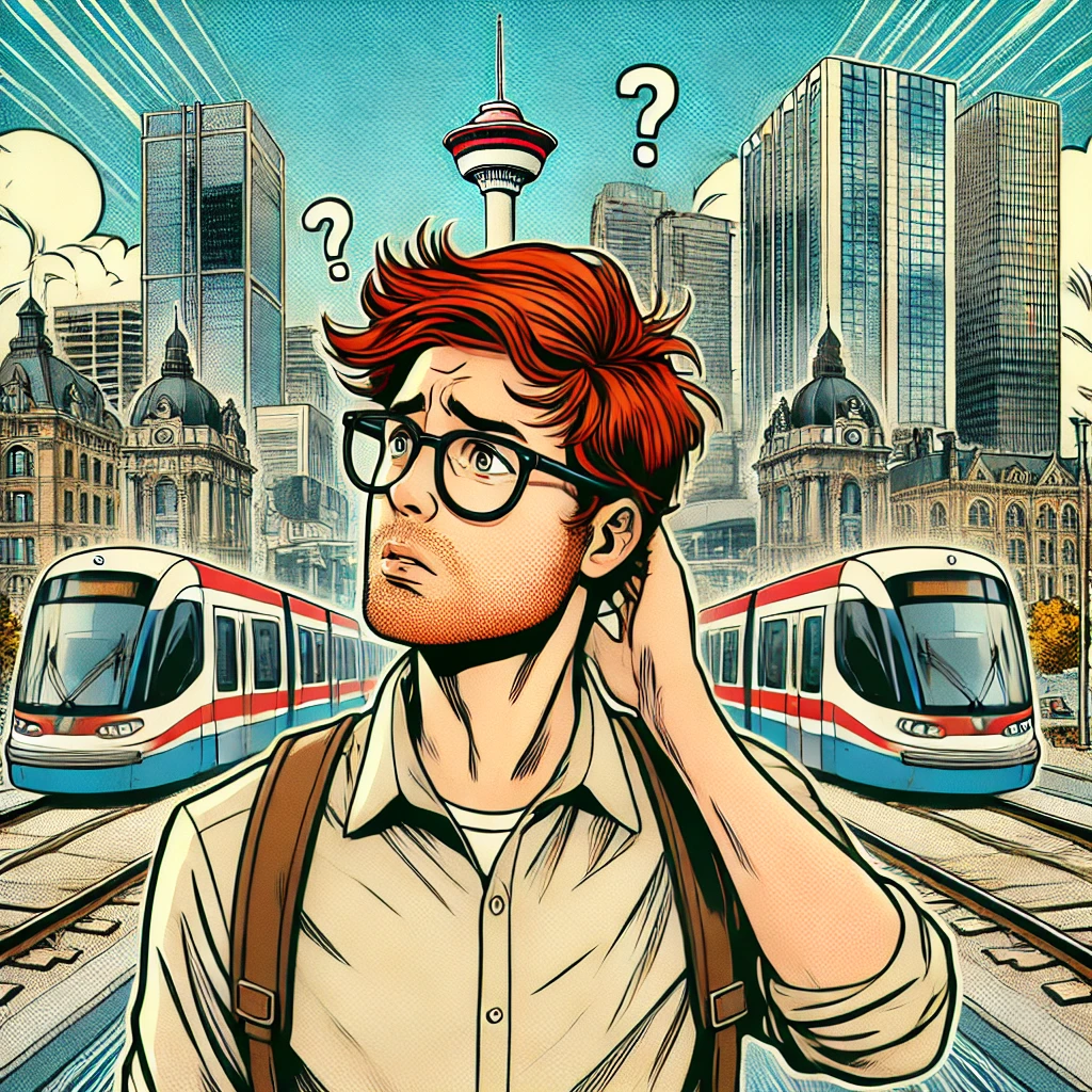 An AI generated comic-book style image of a red-headed man with glasses confused by changes to his home city Edmonton, including images of LRTs