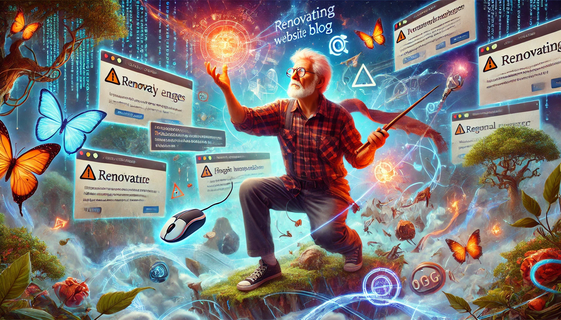 AI generated image of an older man battling the challenges of blog renovation